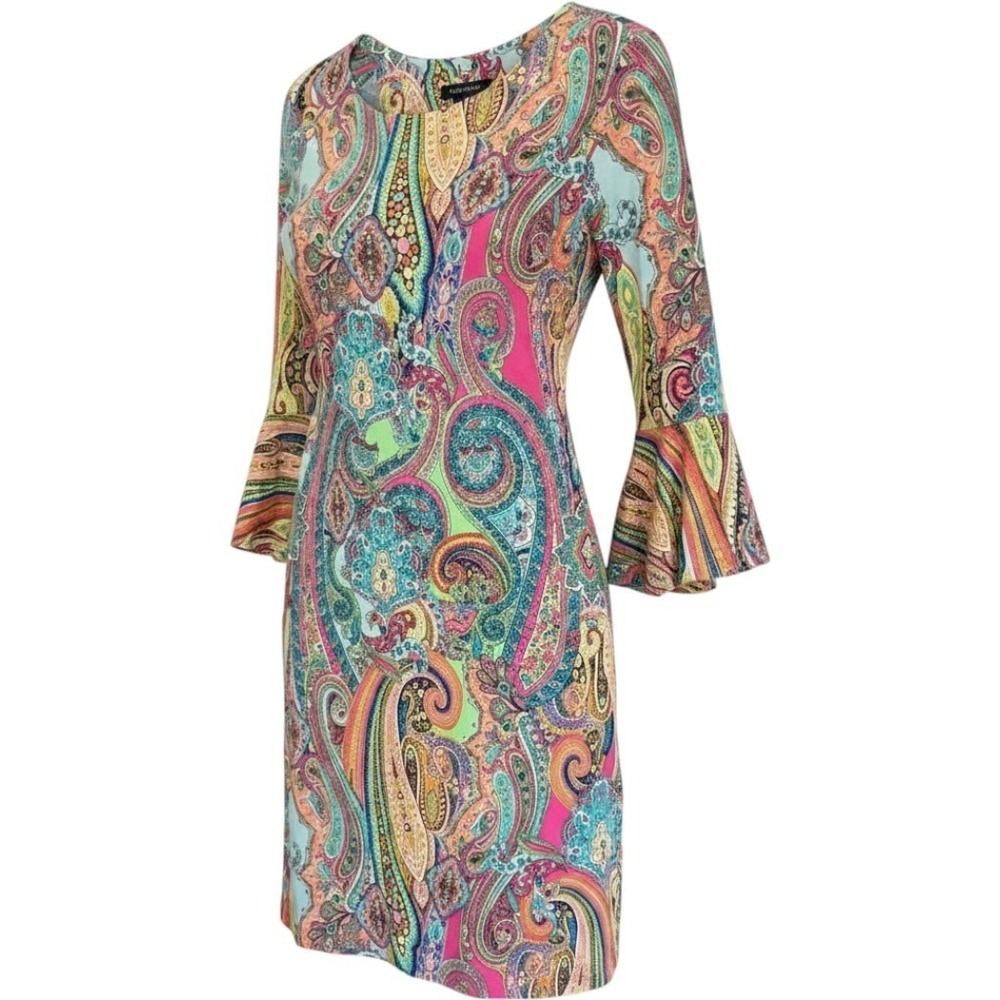 Tommy Hilfiger Women 14 Colorful Paisley Bell Sleeve Sheath Mini Dress Multi